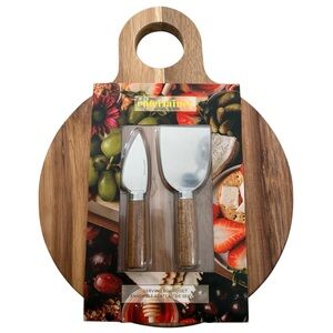 Round serving board set with cheese knives